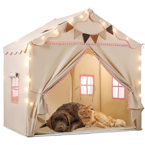 キッズテント EagleStone 室内 女の子 折りたたみ 男の子 子供遊びテント おもちゃ 秘密基地 ダブルドア LEDライト 窓付き 組み立て簡単 肌に優しい素材 広い空間 室内テント お城 誕生日 プレゼント ギフト 入園お祝い ES84 ピンクのサムネイル