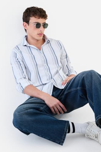 Image of SNITCH Men Casual Shirt | Regular Fit Full Sleeve Point Collar Striped Design | Premium Cotton Blend & Breathable Fabric for Office, Casual & Everyday Wear