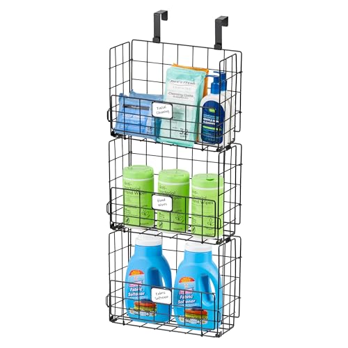 IRIS USA Over The Door Organizer, 3 Pack, Hanging or Wall Mounted Metal Wire Basket, Spice Rack Bathroom Cabinet Closet Laundry Pantry Door Organizer, Wall Baskets, Durable Easy Assembly, Black