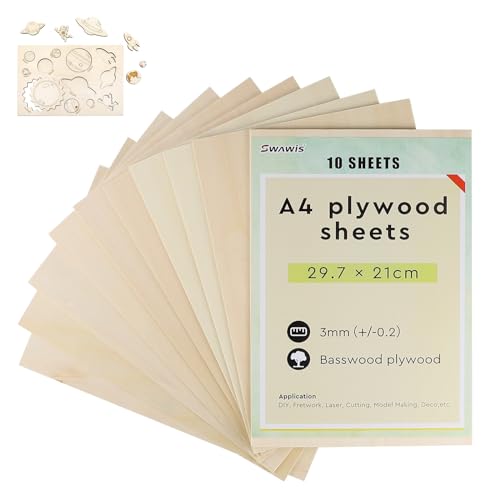 SWAWIS 10 Piezas A4 Maderas para Bricolaje, 300 * 210mm Tablero Madera, Tablero Contrachapado 3mm, Basswood Contrachapado Para Corte por Laser Modelado Pintura Pirograbado