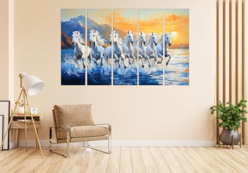 Image of KYARA ARTS 7 running Horses Wall Painting for Living Room Big Size(30inchx48inch) 7 Running Horses Painting Vastu for Bedroom, Office, Hotel - Wall Decor Wooden Framed-Digital Painting