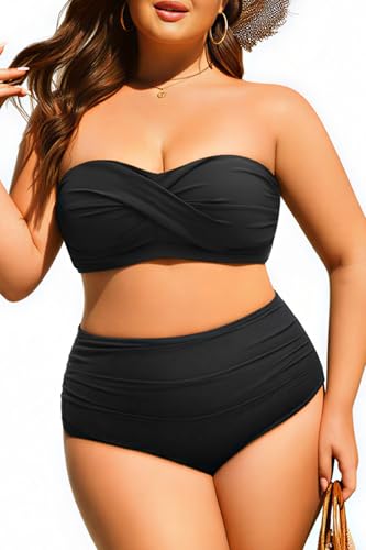 Yonique Women Plus Size Two Piece Swimsuits High Waisted Bathing Suits Bandeau Bikini Tummy Control...