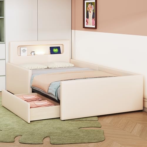 Modern Jugendbett 90x200 cm Polsterbett, Bett mit Lattenrost & Stauraum, Polster Kopfteil mit LED Nachtlicht & USB-Ladeanschluss, Kunstleder, Kinderbett für Jungen & Mädchen (Beige) – Bild 5