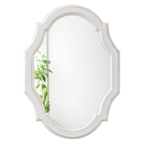 Hanging Vintage Oval Mirrors for Wall Decor 24 X 18 Inch Decorative Scalloped White Mirrors Distressed Wood Frame Mirror for Entryway Handmade Unique Mirrors for Living Room Bathroom