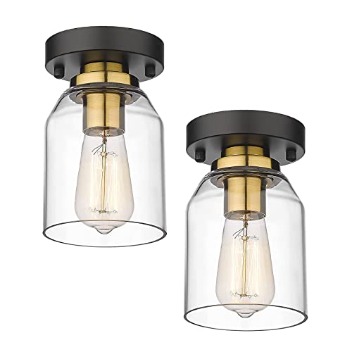 Image of zeyu 2 Pack Farmhouse Ceiling Lights, Small Semi Flush Mount Light Fixtures with Clear Glass Shade for Kitchen Hallway Laundry Room, Black and Gold Finish, ZG33F-2 BK+BG
