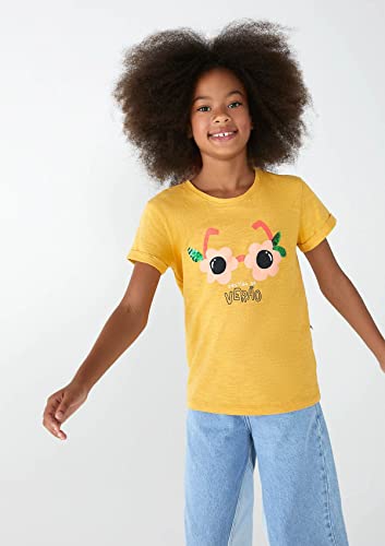 Blusa Manga Curta Menina Em Algodão Com Estampa E Paetês Amarelo Médio 006