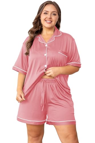 Image of Vozanet Women's Plus Size Button Down Pajamas Soft Lounge Sets Shorts with Pockets Bride Nighty Solid Soft Pjs 1x to 5x