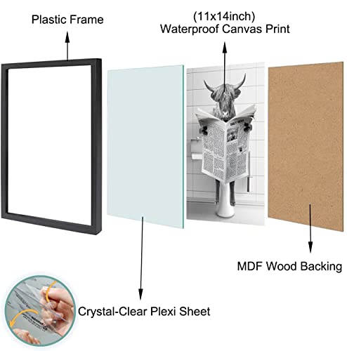 Framed Bathroom Decor, Highland Cow Wall Art in Picture Frame, Funny Bathroom Wall Art Signs, Black and White Canvas Print Ready to Hang (Framed,11''x14'')