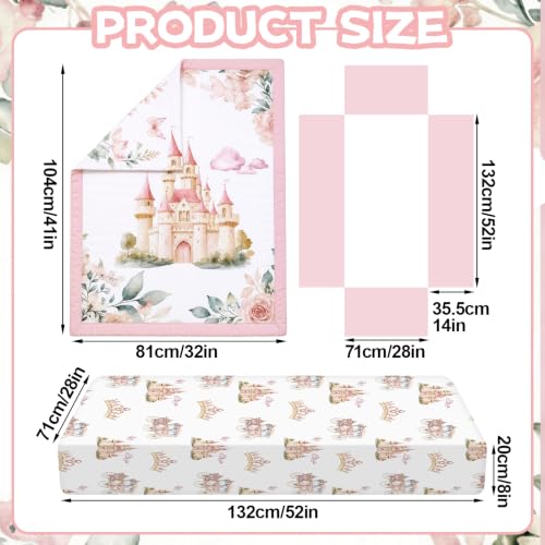 Image of Hahafelt 3 Pcs Princess Baby Crib Bedding Set Pink Enchanted Princess Theme Decor for Infant Bed with Watercolor Castle Carriage Design Print Includes Quilt, Fitted Sheet, Skirt for Baby Girl Gifts