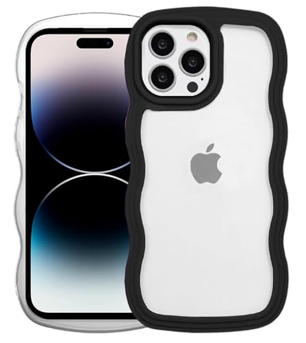 Image of GoldKart iPhone 14 Pro Max Case Wavy Edge Clear Back Design, Anti-Slip Grip Cute Wave Curly Frame Shape Shockproof Soft TPU & Hard PC Bumper Protective Phone Case Cover for Women Girls - Black