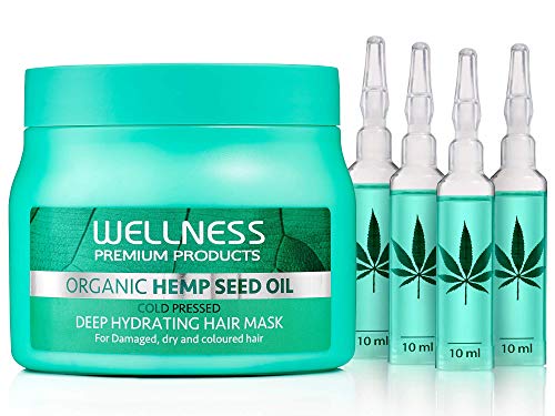 Wellness Premium Products Organic Hemp Seed Oil Cold Pressed Deep Hydrating Hair Mask 500ml - Hemp Seed Oil for Damaged Dry and Colored Hair - Hemp Seed Hydrating Hair Mask