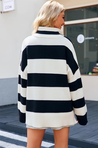 Womens Striped Oversized Sweaters Trendy Quarter Zip Long Sleeve Loose Knit Pullover Fall Color Block Casual Tops4