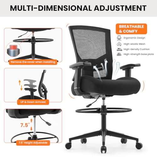 Image of 500lbs Drafting Chair,Big and Tall Office Chair for Standing Desk with Wide Seat,2D Adjustable Lumbar Support,Ergonomic Office Chair with Footrest for Home,Drawing or Counter Height Use