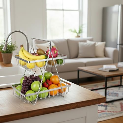 Image of 2 Tier Metal Fruit and Vegetables Basket with Handle | Fruit Vegetables Snacks and Bread Organizer for Kitchen, Dining Table, Livingroom | Bathroom Countertop Stand (Design 2 - Silver)