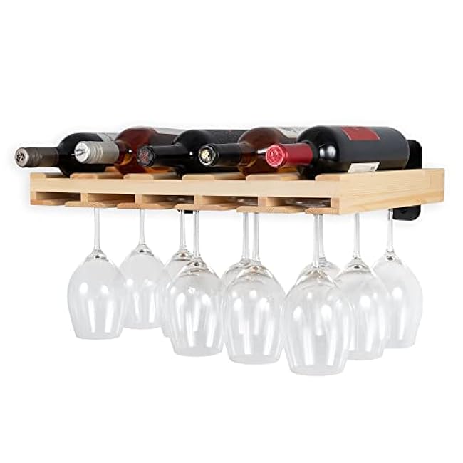 Rustic State Palomino Wall Mounted Wood Floating Wine Liquor Bottle Rack with Glassware Holder Stemware Shelf Storage Organizer - Home, Kitchen, Dining Room Bar D¨¦cor - Natural