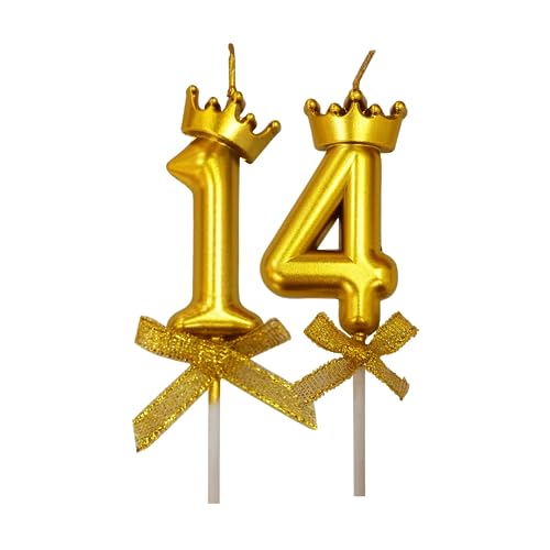 Image of 2 Pc 14 Number Candle for Birthday Cake Metallic Gold Number Candle with Crown on Top for Anniversary Cake Topper 14th Birthday Cake Decoration (Pack of 2, Gold).