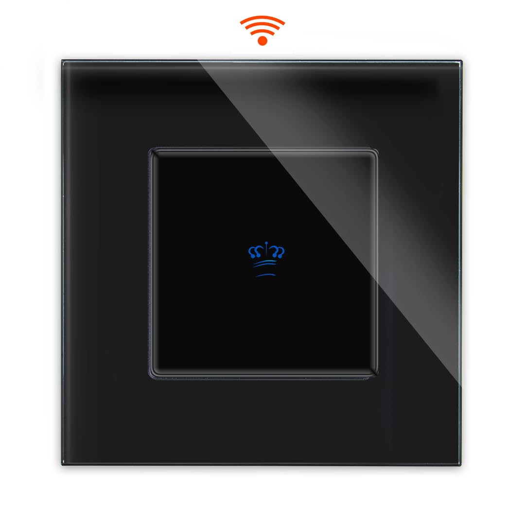 Interruptor de luz táctil inteligente con WiFi de KRONE, Pulsador 1 compartimento en marco de cristal en negro, interruptor de pared táctil para Alexa Google Home IFTT Tuya App controlado Luxus-Time