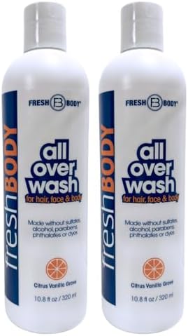 Fresh Body FB All Over Wash for Hair, Face & Body - Shampoo and Body Wash for Men & Women, Citrus Vanilla Grove Shower Gel, 10.8oz (2 Pack) Made without Alcohol, Sulfates, Dyes or Parabens