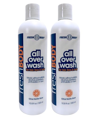 Fresh Body FB All Over Wash for Hair, Face & Body - Shampoo and Body Wash for Men & Women, Citrus Vanilla Grove Shower Gel, 10.8oz (2 Pack) Made without Alcohol, Sulfates, Dyes or Parabens