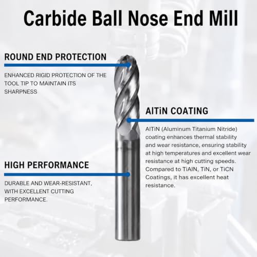 Image of NZ 5 /16 inch 4-Flute Ball Nose End Mill | CNC Milling Bits AlTiN Coated Carbide for Alloy Steel, Hardened Steel | 1-Pack