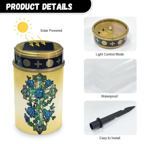 Image of Cross Blue Rose Light for Prayer Cemetery Solar Lights for Grave Cemetery Decor Candle Lamp Waterproof Solar Power Light Eternal Lights for Graves Cemetery Memorial Gift 2 Pcs