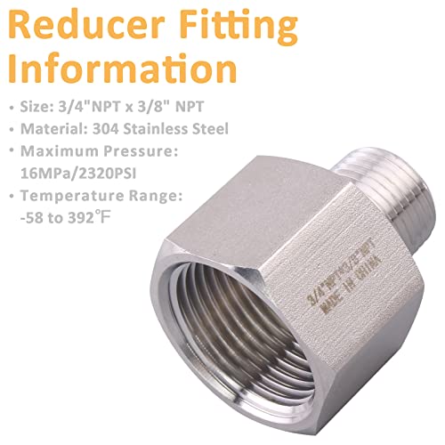 Image of Forged Reducer Adapter Fitting - Stainless Steel 304 Reducing Pipe Connector, 3 /4 inch NPT Female x 3 /8 inch NPT Male (pack of 5)