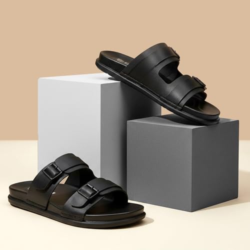Image of BRUTON Men's STRIVO-1141 Wedge Sandals | Adjustable Buckle Toe Ring Comfort Sandals | Lightweight Cushioned Footbed | Anti-Slip Casual Outdoor & Daily Wear Footwear | Black