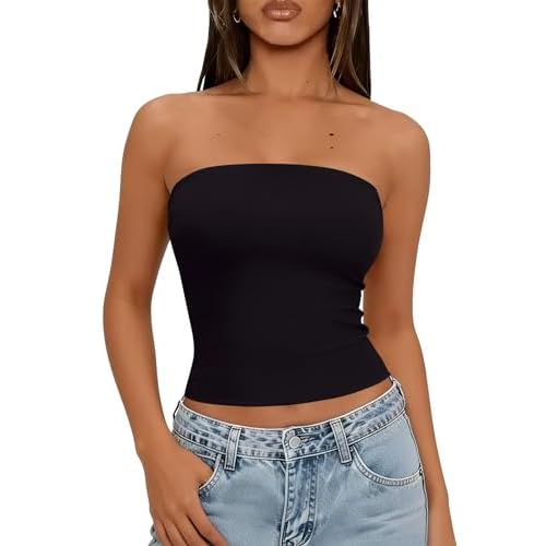 LOMON Summer Tube Tops for Women 2026 Y2k Sexy Going Out Crop Strapless Sleeveless Basic Fitted Bandeau Tank Top Black Large