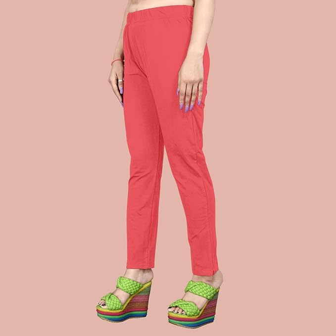 Image of Women's Solid Cotton Lycra Pants-High Waist Slim Fit Stretchable Leggings - Comfortable Long Trousers for Casual, Office & Everyday Wear