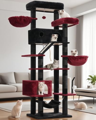 Image of Gitelsnour Tall Cat Tree Tower for for Multiple Cats, Large Condo, GCT031BR | 78.7 inch(200cm) Multi-level Scratching Post for Indoor Large Adult, 2 Condo, 4 Platforms, 3 Hammock, Sisal Rope, Toys Black