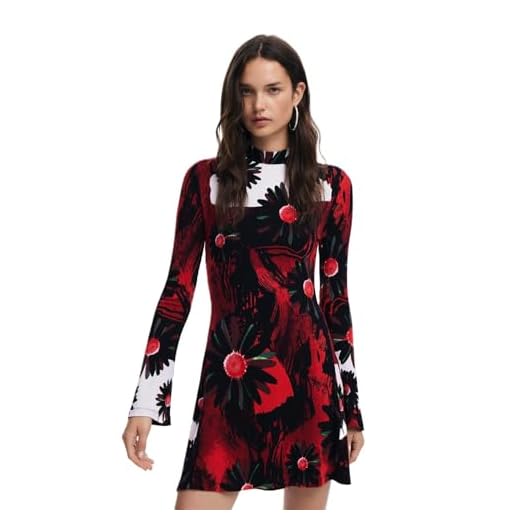 Desigual Robe en Tricot à Manches Longues pour Femme, Rouge, XL