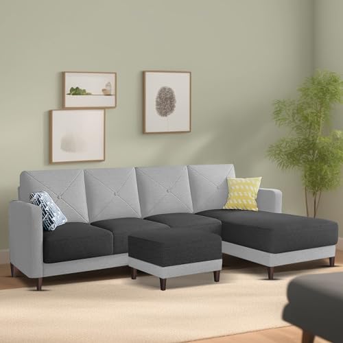 Image of Baloney RHS 6 Seater L Shape Sofa Set with Center Table for Living Room (Black Grey Fabric) Premium Fabric Sofa