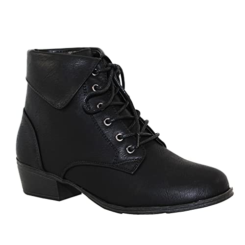 TOP Moda EC89 Women's Foldover Lace Up Low Chunky Heel Ankle Booties