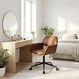 39F Furniture Dream Vintage Swivel Bedroom Chair with Armrests, Height Adjustable Faux Suede Chair, Brown, 56.5x57.5x76-86cm