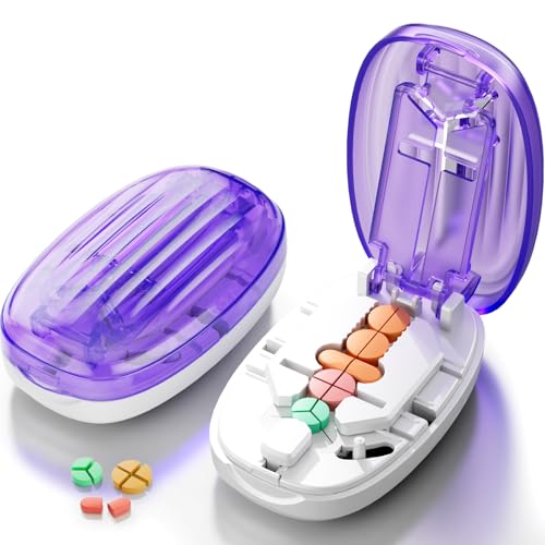 Image of Pill Cutter Splitter for Small and Tiny Pills, 1 /2 1 /4 Pill Splitter for Small Pills,Tablets in Half or Quarters, Accurate and Easy Cutting, Stainless Steel Blade, Back Storage (Purple)