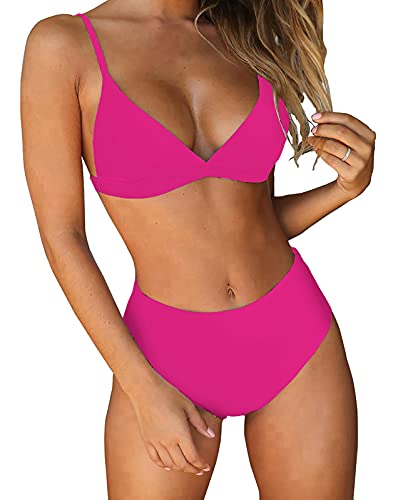 Btfbm Women's Bikini Sets 2023 Summer Two Piece Swimsuit High Waisted V Neck Triangle Bathing Suit Casual Beach Swimwear(Solid Rose Red, Large) #TOP9