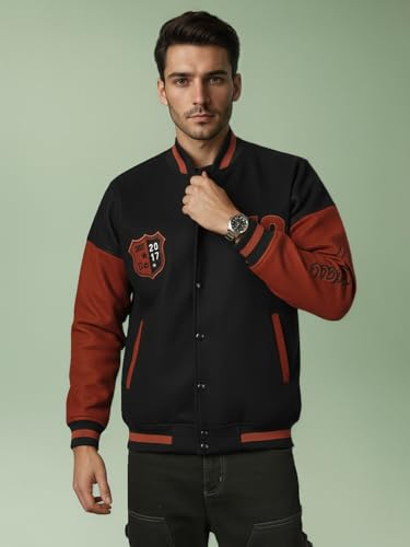 Image of CHKOKKO Men's Oversized Varsity Jacket with Snap Button Closure and Patch Design Trendy Comfortable Outerwear for College Travel and Casual Wear