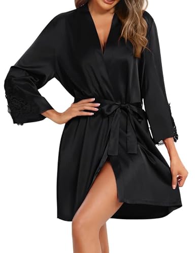 Clearlove Damen Satin Robe Langarm Silk V-Neck Kimono Robe Einfarbig Sexy Nightdress with Belt Spitze Satin Dressing Gown Bathrobe Morgenmantel Sleepwear, Schwarz, XL