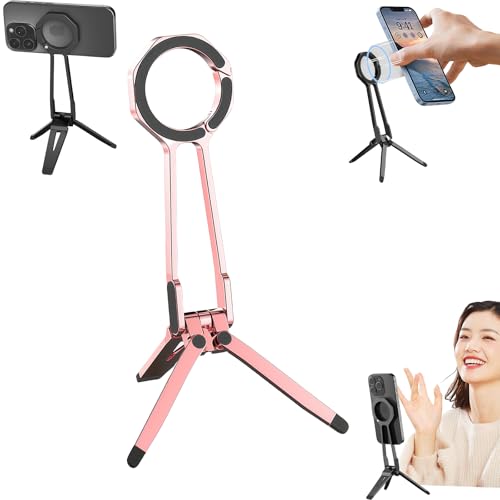 360° Rotating Magnetic Phone Stand Multi Angle Tri Fold Cell Holder Phones Tripod Handheld Grip Smartphone Mini Pink