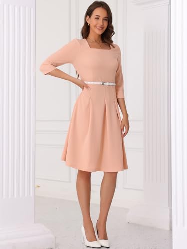 Image of Allegra K Work Dress for Women's Square Neck 3 /4 Sleeve Belted Wedding Guest Church Pleated Midi Dresses