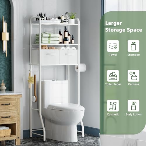 Image of Simple Trending Over The Toilet Storage Rack with Drawers, Metal 3 Tier Bathroom Organizer Shelf with Paper Holder and 3 Hooks, White