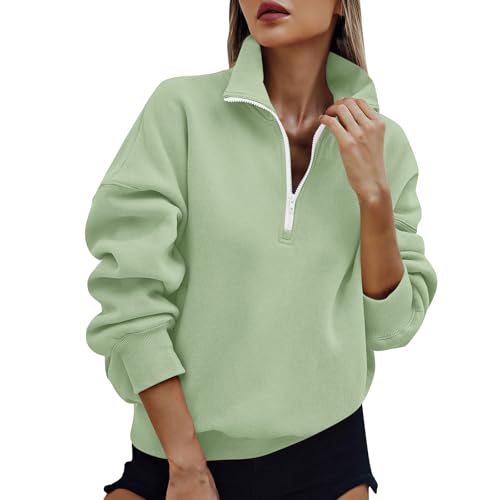 Womens Half Zip Sweatshirt Solid Casual 1/4 Zip Pullover Tops Autumn Winter Cosy Jumpers Ladies Sweaters Quarter-Zip Fleece Sweatshirt with Pockets Knitwear Fashion Casual Long Sleeve Top Green