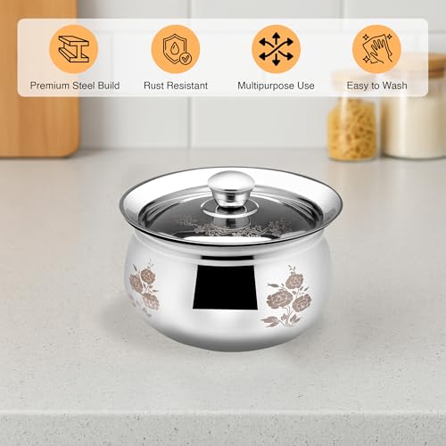 Image of Expresso Stainless Steel High Polished Steel Handi | Serving Pan| Steel Pot | Dahi Handi | Biryani Pot with Lid (1000ML)