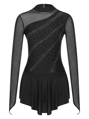ranrann Vestido de Patinaje Artístico Lentejuelas para Mujer Manga Larga Maillot de Ballet Gimnasia Rítmica con Falda Leotardo Danza Clásica Dancewear C Negro S