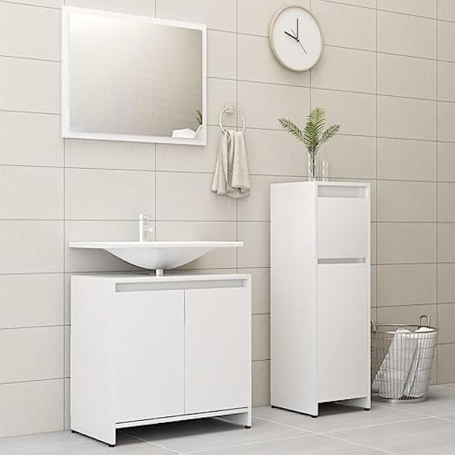 3 Piece Bathroom Furniture Set with Mirror, White Engineered Wood Storage Cabinet for Bathroom Organization, Space Saving Vanity Set with Under Sink and Medium Cabinet