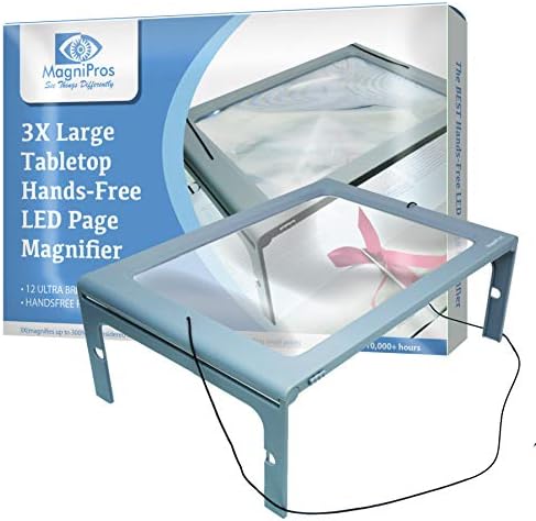3X Large Full Page Magnifier with 12 LED Lights[Provide Evenly Lit Viewing Area], Foldable Flip-Out Legs, Dual Power Supply Modes- Ideal for Hands Free Reading, Low Vision, Seniors with Aging Eyes