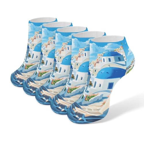 Image of Santorini Greece Low Cut No Show Ankle Sock 5 Pairs Set Breathable Casual Sock for Men Women