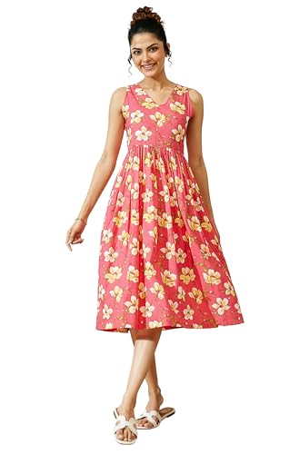 Image of Janasya Women's Pink Pure Cotton Floral Printed A-line Dress