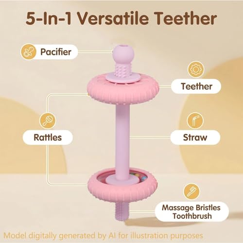 Image of Baby Teething Toys Baby Rattle Teething Straw 3-in-1 Barbell-Shaped, Made from Silicone, Built-in Toothbrush Head and Nipple Shape, Bpa-Free, Phthalate Free, Professionally Certified, Pink