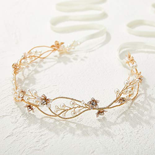 Sweetv Gold Bridal Headpiece Pearl Wedding Headband Flower Design Rhinestone Hair Accessories For Bride Bridesmaid #TOP4